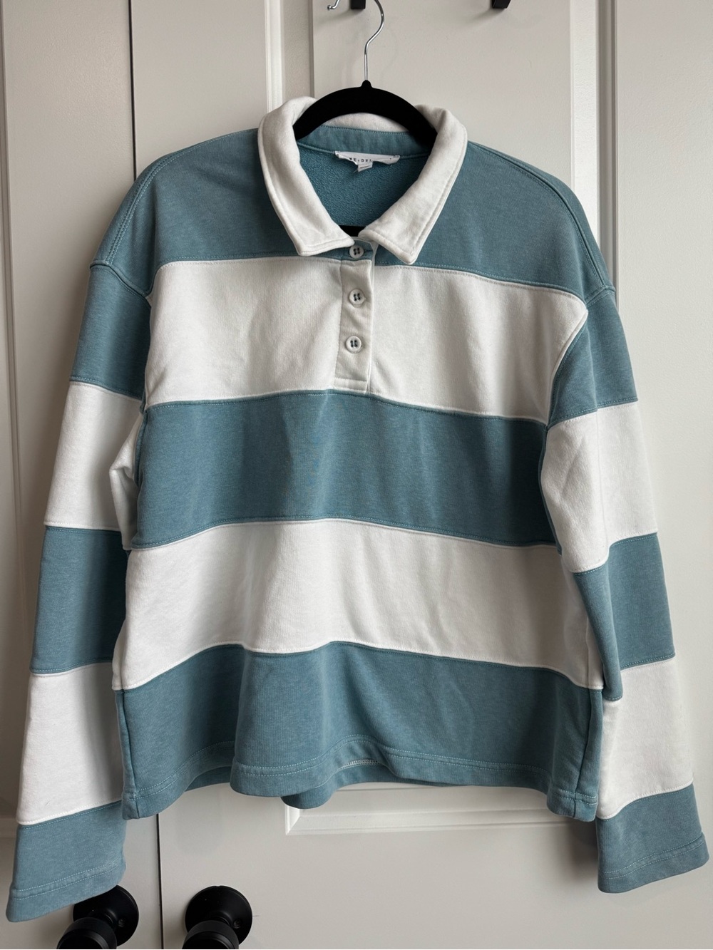Jane + Delancey Slate Blue White Block Striped Rugby Polo Sweatshirt L